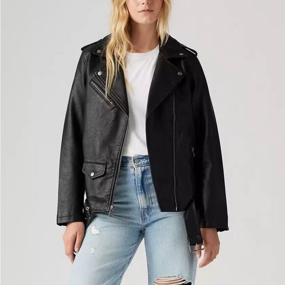Levis Women’s Black Faux Leather Moto Jacket Medium - Picture 8 of 9